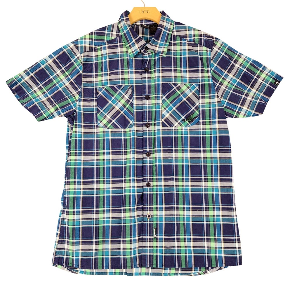 Rusty‎ Mens Blue Green Plaid Short Sleeve Button Up Shirt Size M J11104701 Surf